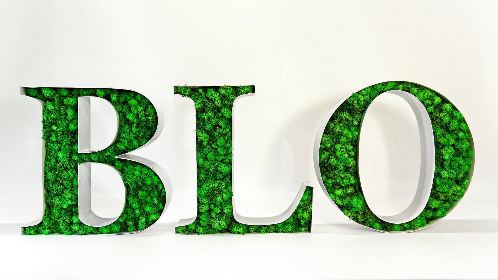 BLO decorative letters, filled with moss.