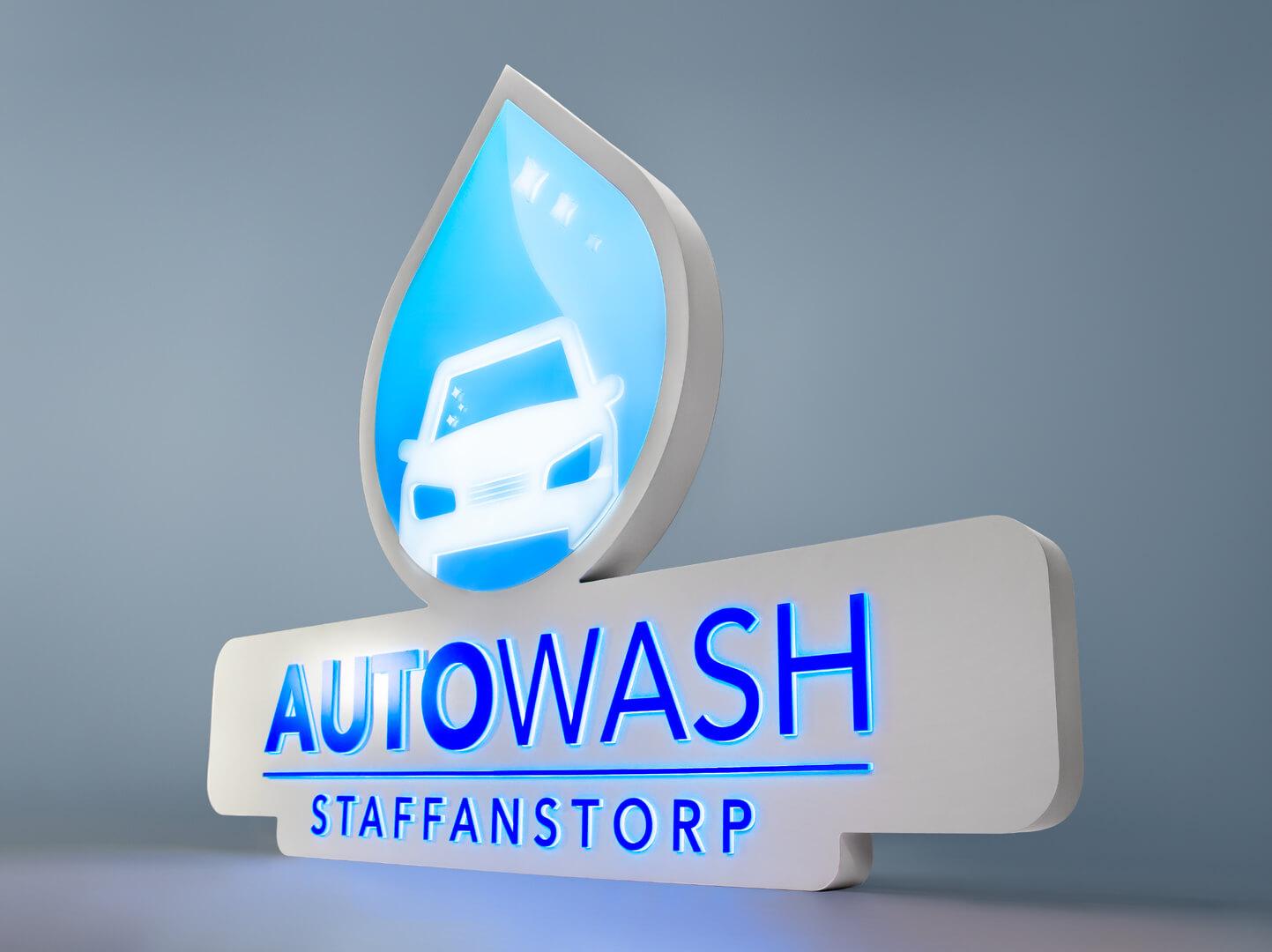 Single-sided lightbox box in the shape of a logo for the company Autowash