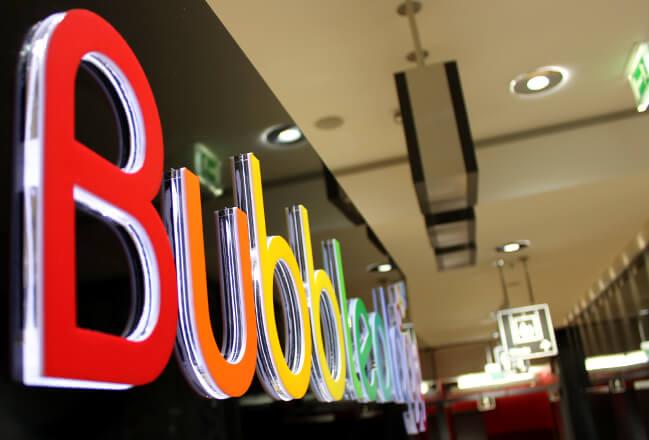 Bubbleology - led backlit dibond coffer with plexiglass space letters