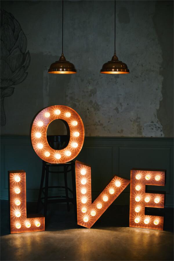 Spatial letters with bulbs with Love inscription