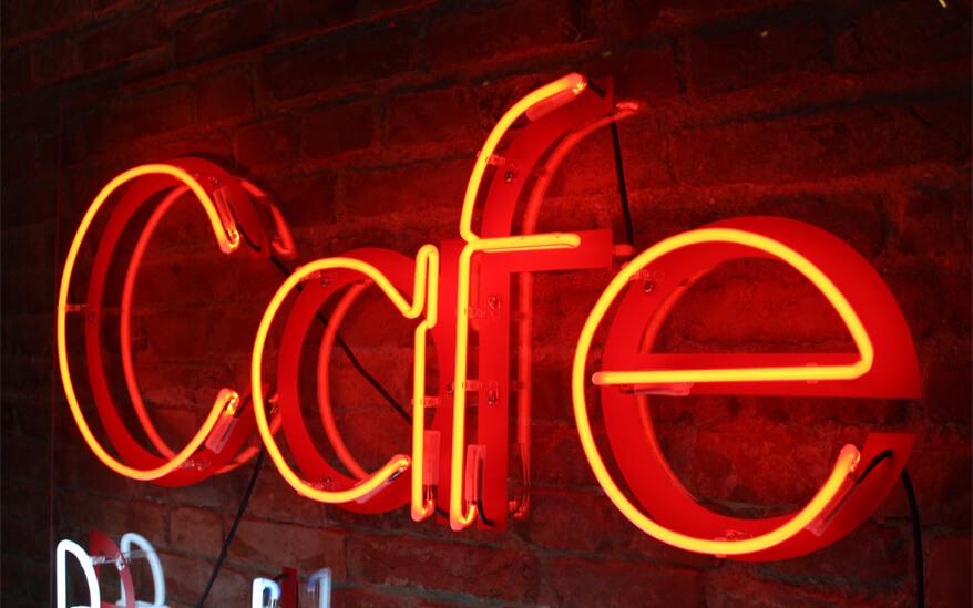 Cafe Bakalia - indoor advertising neon sign in red color