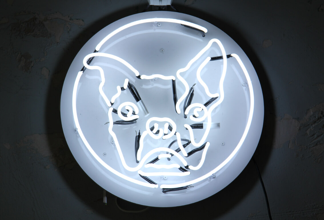 Bulldog - insegna al neon con logo aziendale su semaforo pubblicitario