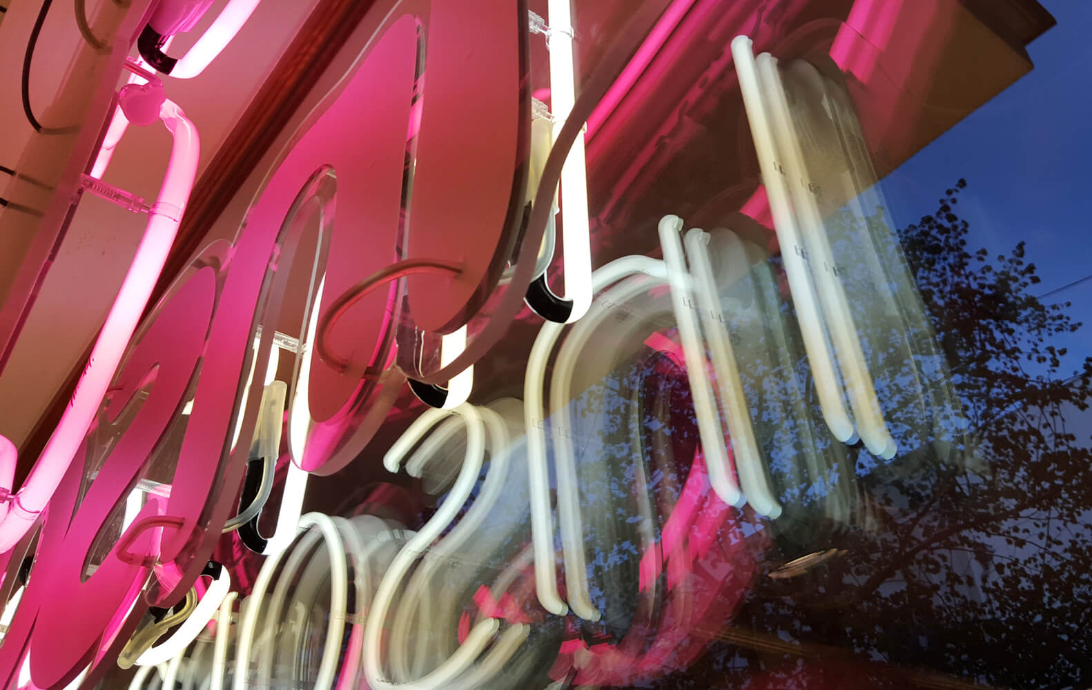 By Insomnia - neon sign with the company's name, mounted on plexiglass, placed behind the glass window