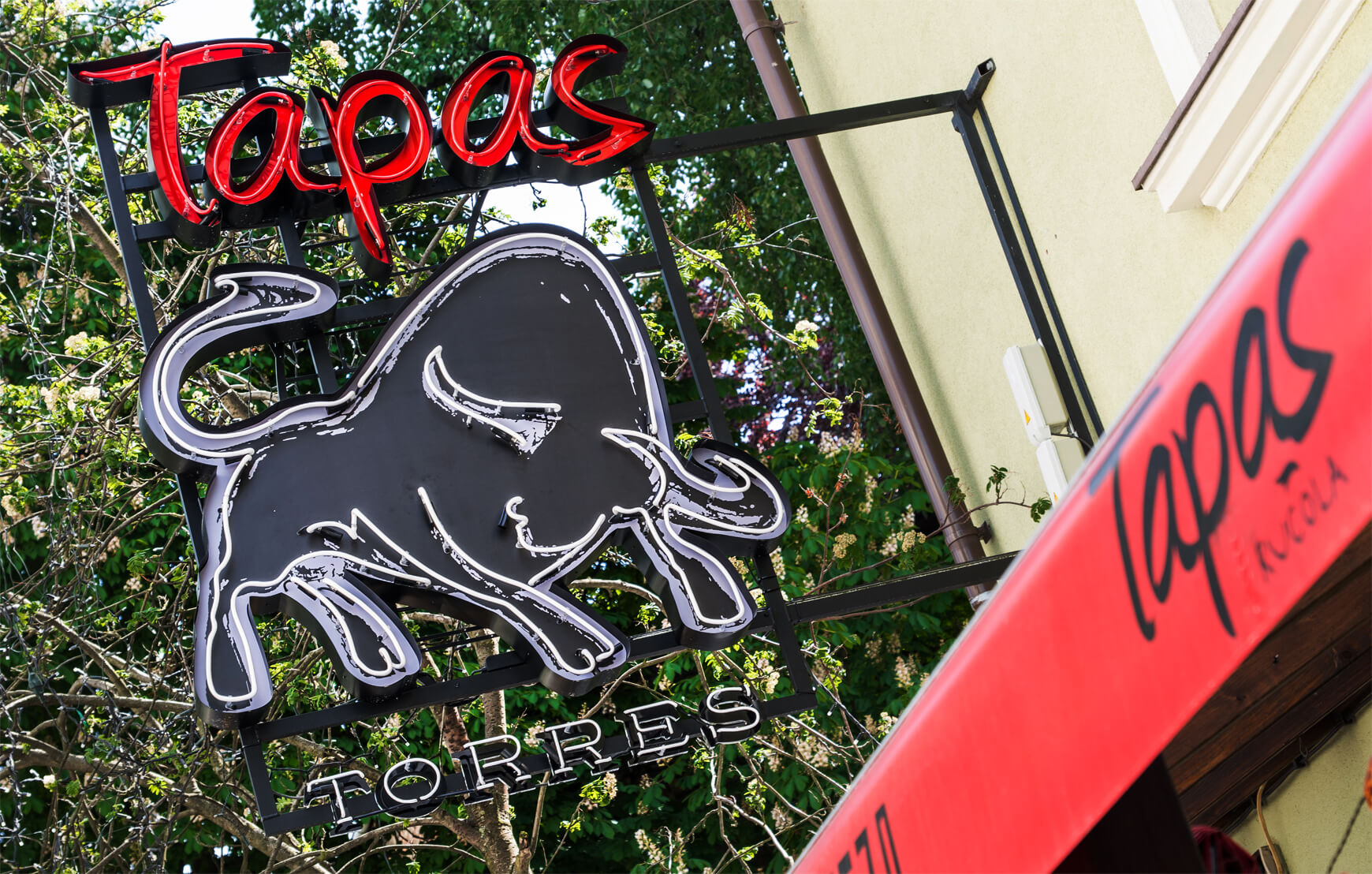 neon-tapas-torres-byk-neon-nad-wejsciem-do-restauracji-neon-podswietlany-neon-przestrzenny-nen-na-wysokosci-neon-na-stelazu-logo-neonowe-sopot-restauracja-hiszpanska