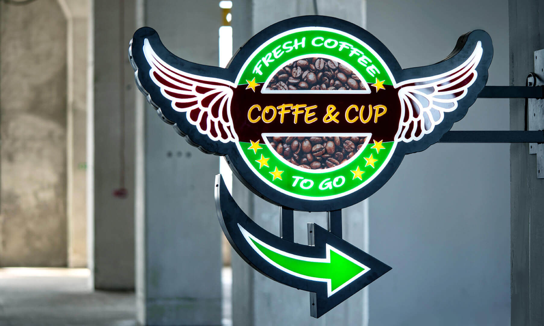 coffe-semafor-led-double-sided-advertising-perpendicular-to-the-wall