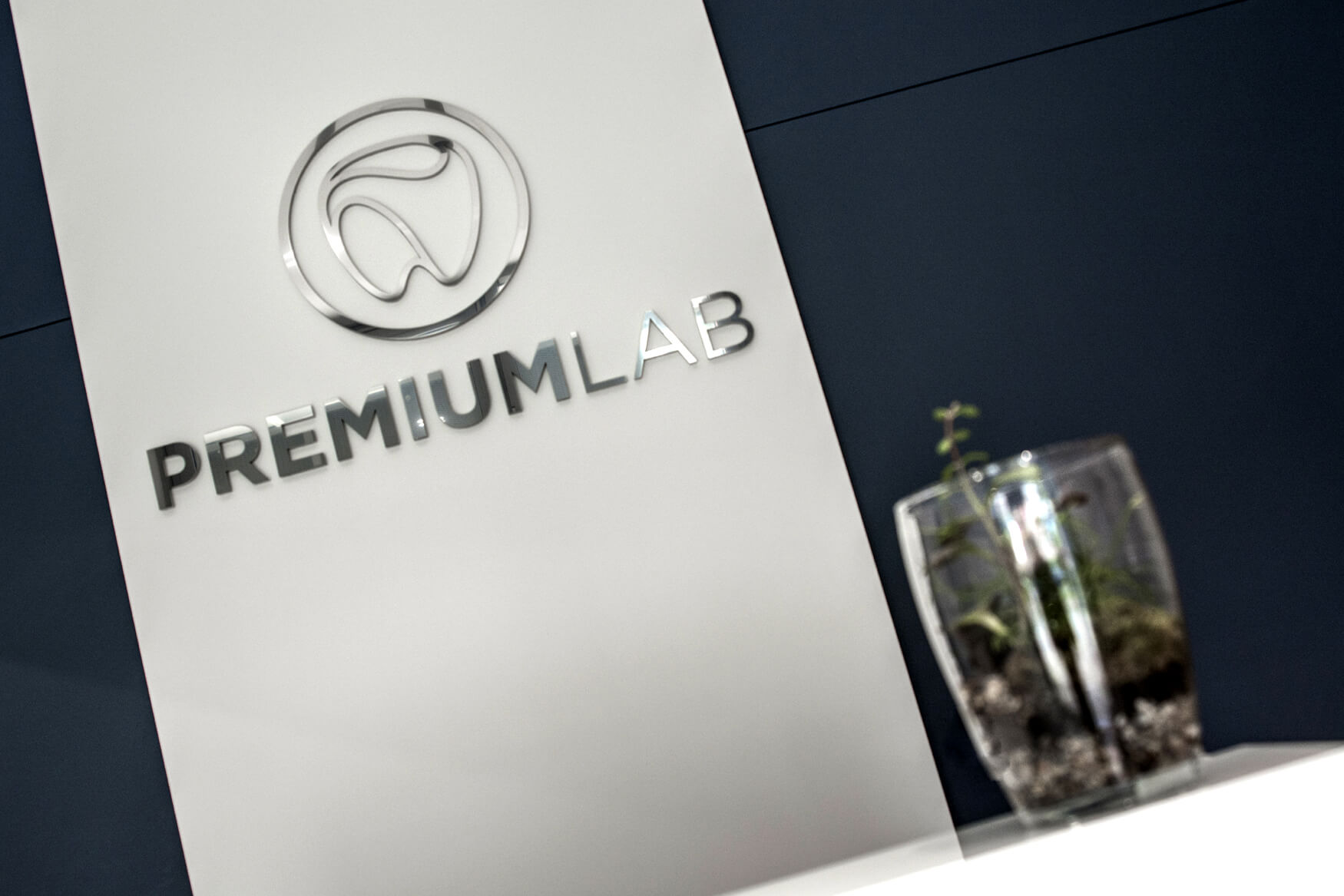 Premiumlab - 3D logo and spatial letters made of Plexiglas and polished stainless steel placed in the lobby