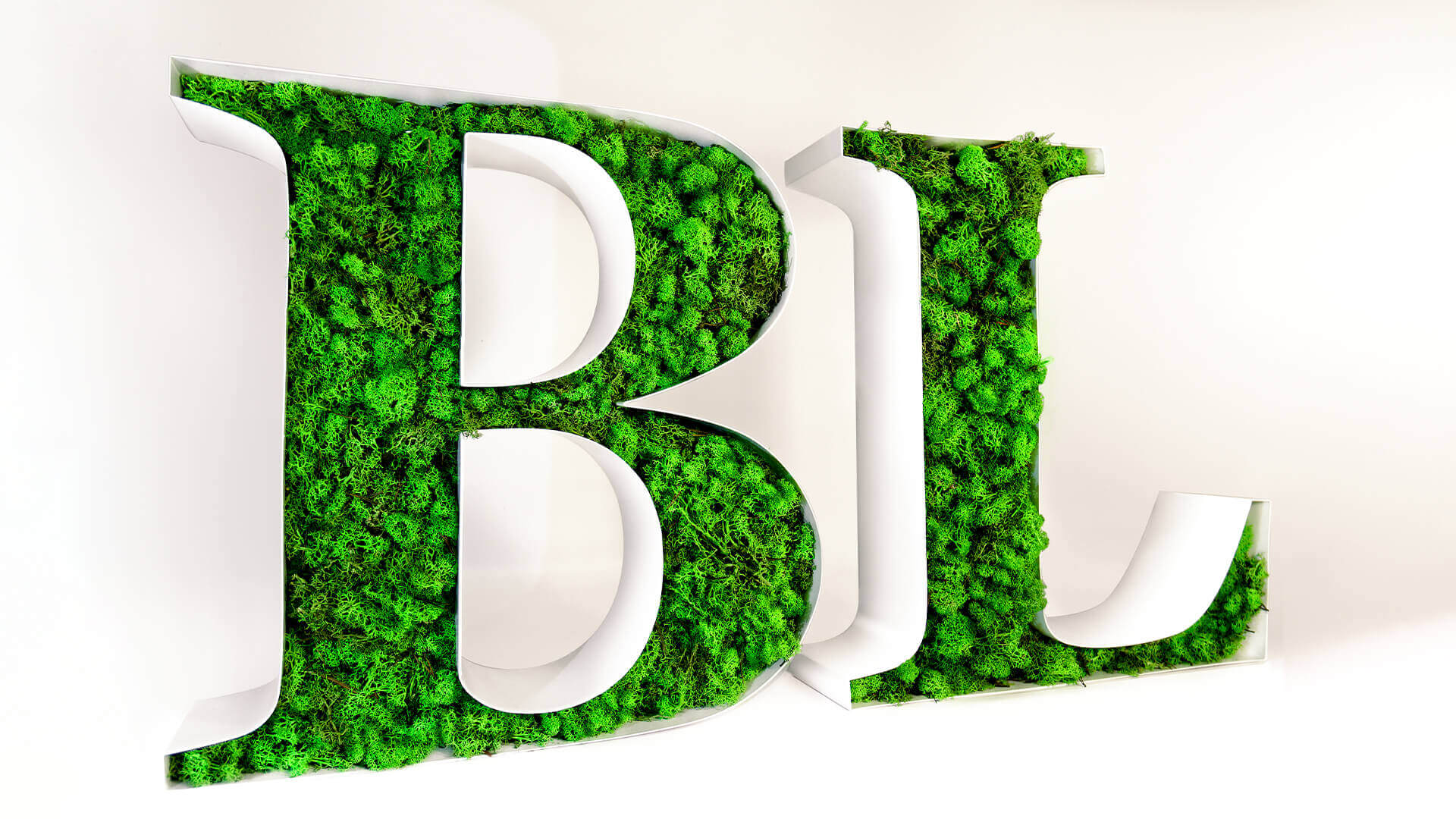 BLO decorative letters, filled with moss.