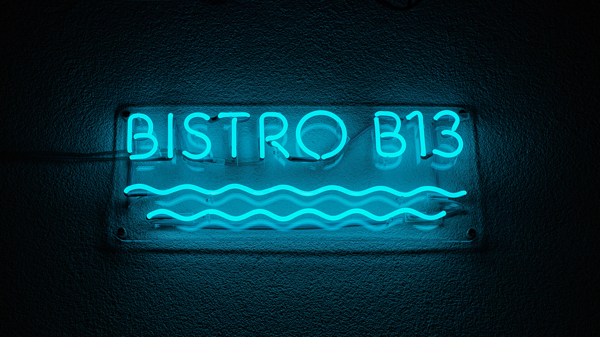 Blaues Bistro-Leuchtschild mit Wellen unter dem Schriftzug.