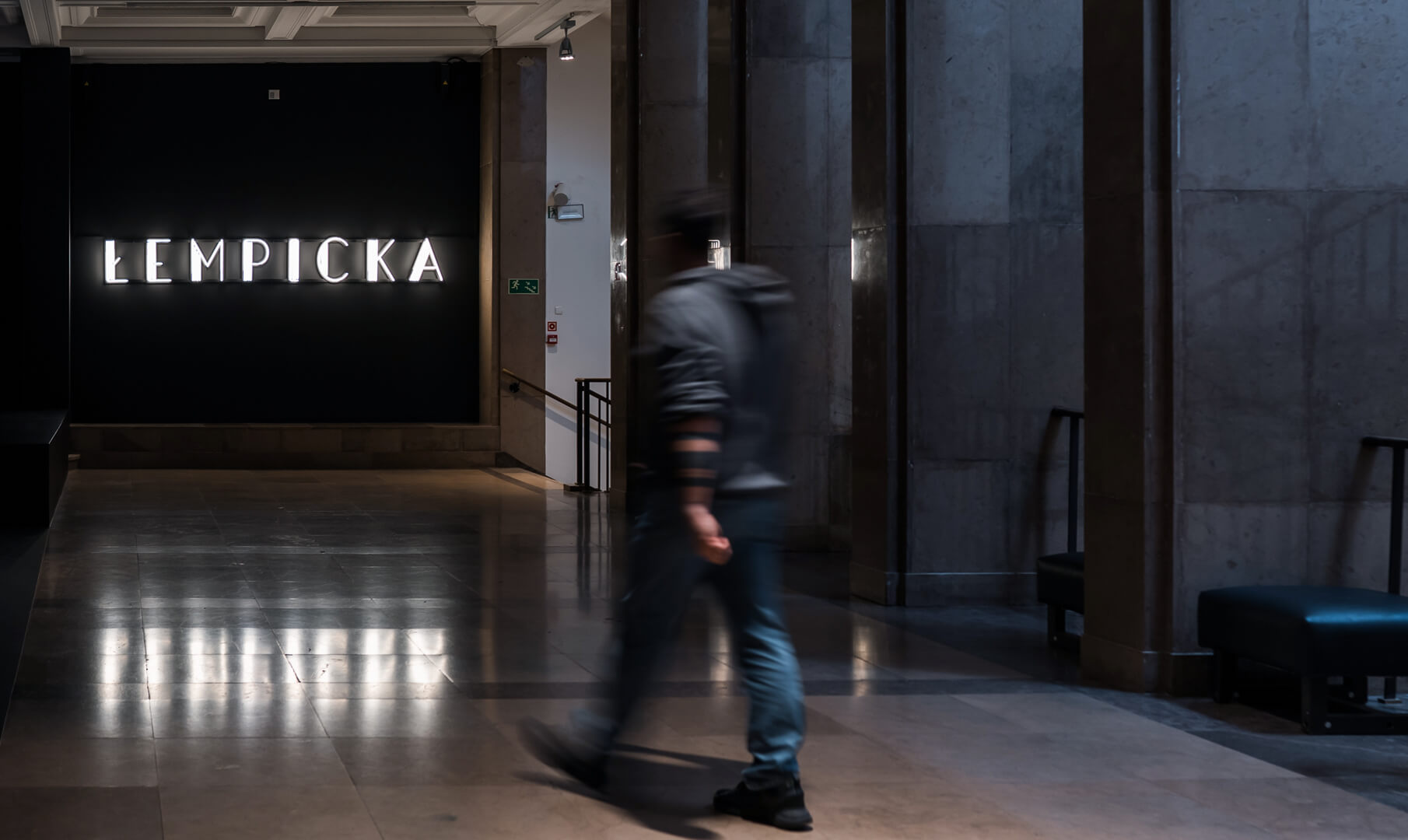 Exhibition with neon sign in the museum in Krakow