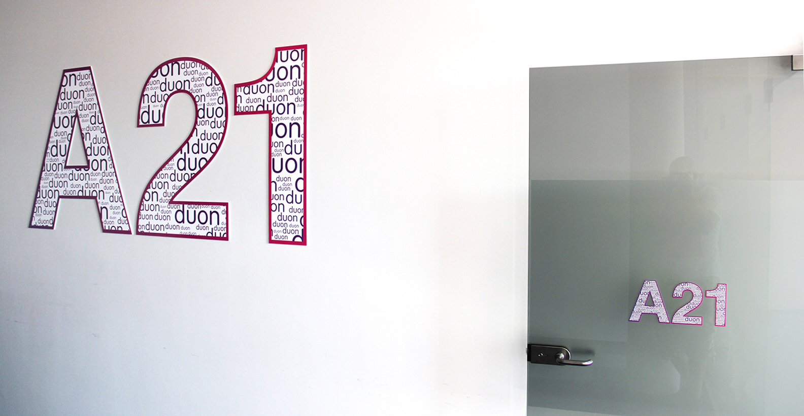 Room signage, indoor advertising composed of spatial letters