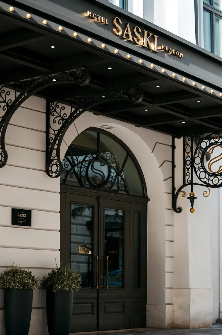 Goud geborstelde roestvrijstalen letters aan de buitenkant van het Saski hotelgebouw