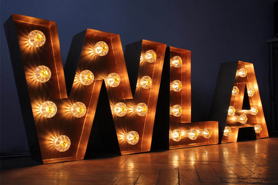 Letters with light bulbs