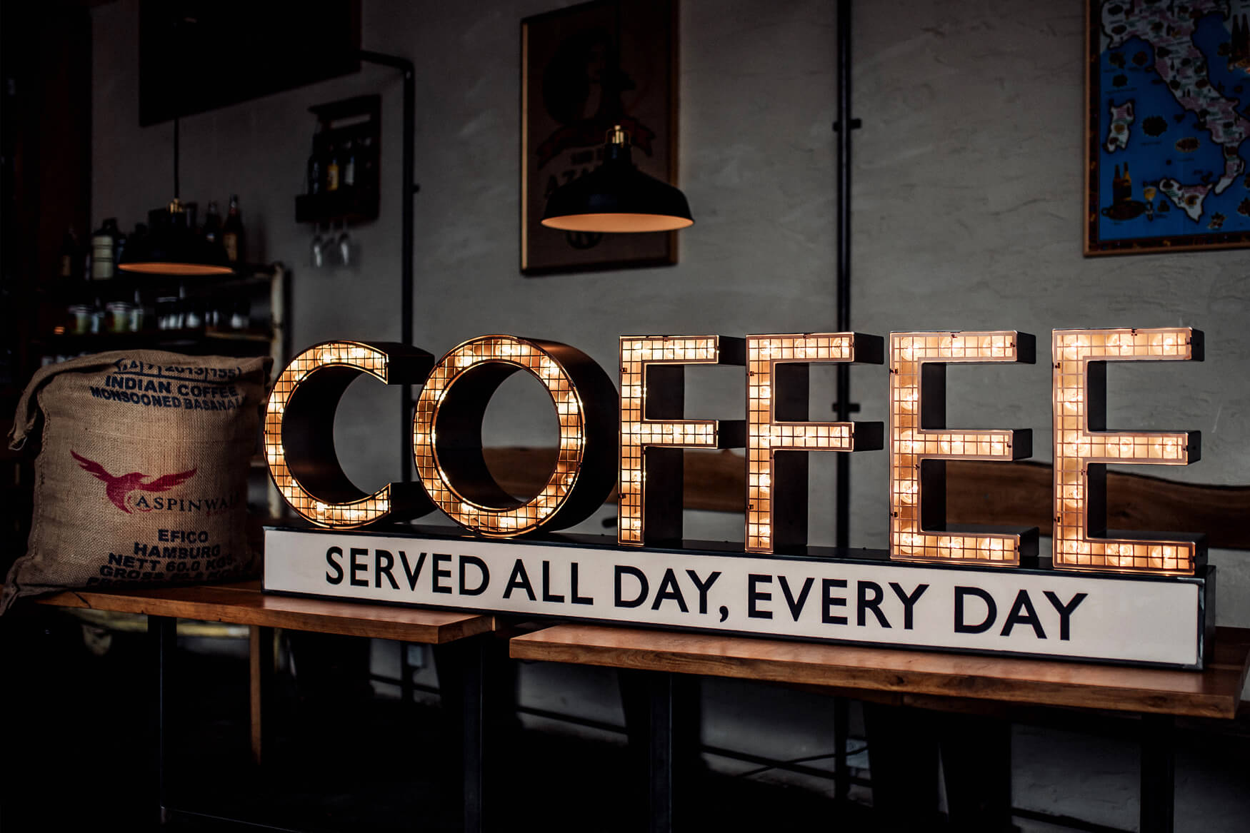 Coffee - letters with bulbs on the frame