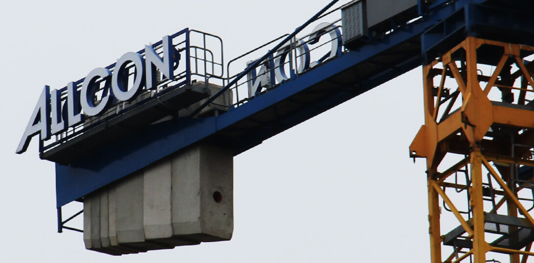 Allcon - spatial light letters on a frame on a crane