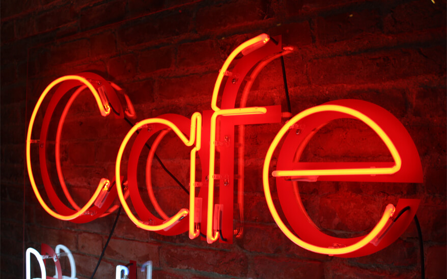 Cafe Bakalia - indoor advertising neon sign in red color