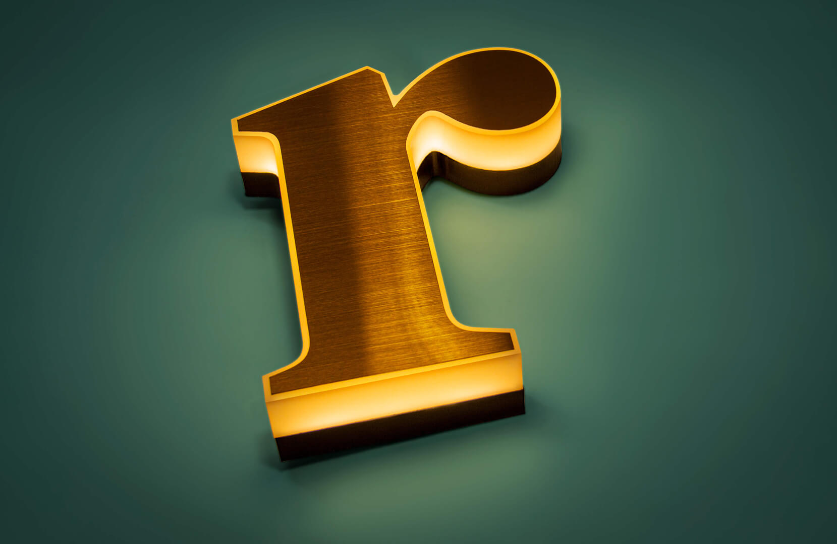 Letter R - zijwaarts schijnend in goud op een groene achtergrond