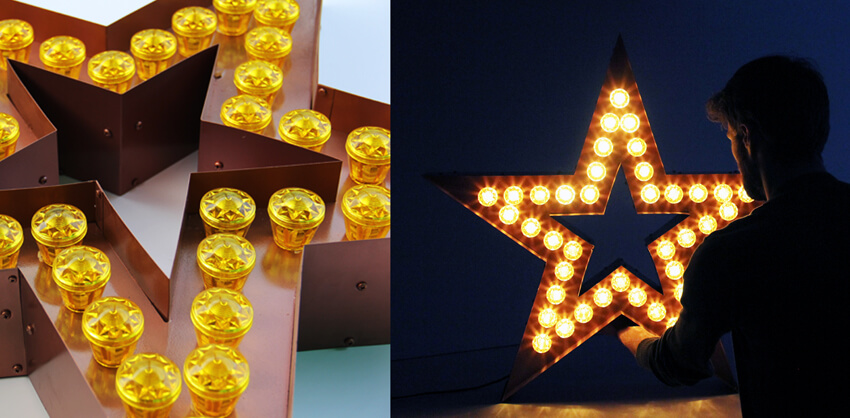żarówki w literach gwiazda star - Gwiazda z żarówkami w stylu retro, logo firmowe