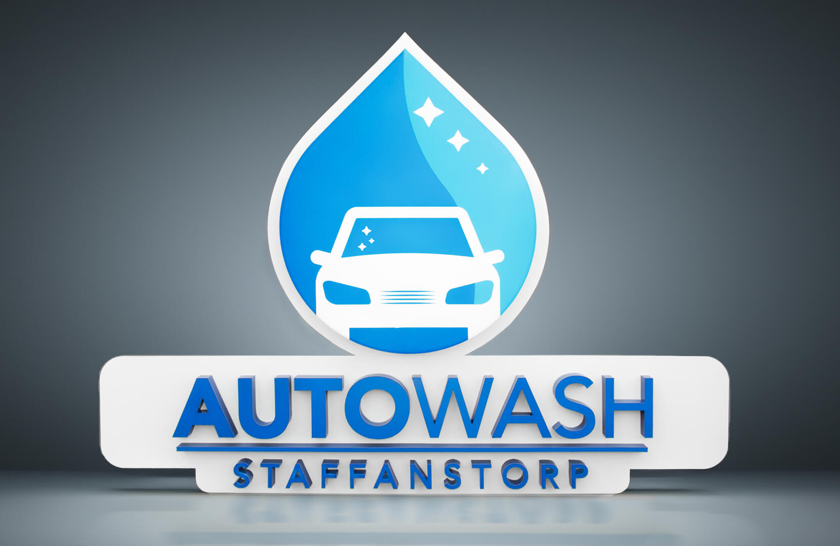 Autowash - LED light letters on the background along with the logo
