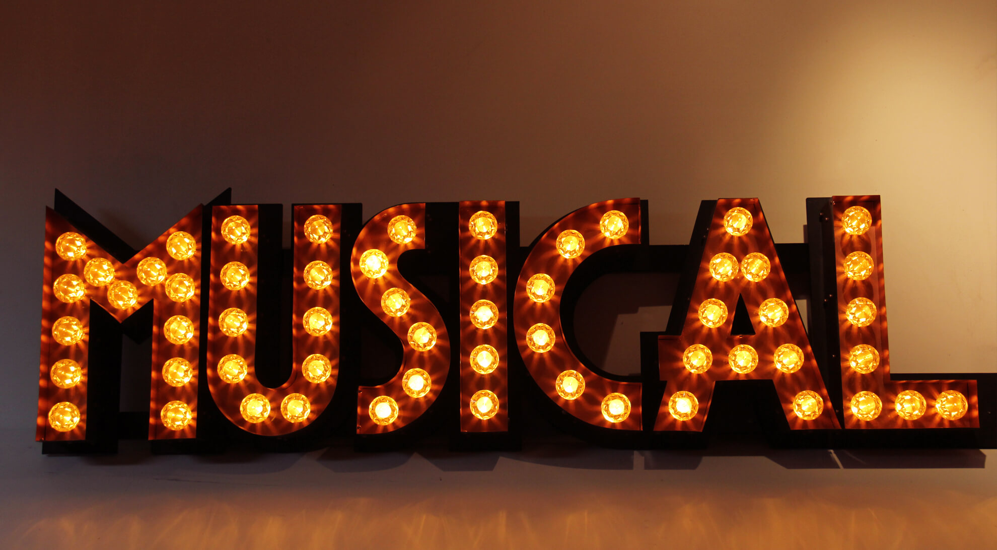 bulbs in letters musical miuzikal - Musical arts inscription in 3D luminous letters