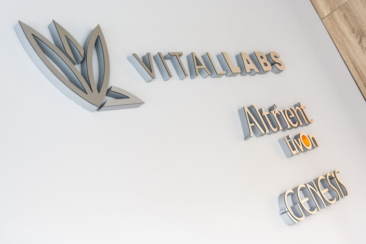 VitaLabs Genesis - VitaLabs Genesis - przestrzenne litery styrodurowe 3D w białym kolorze na ścianie