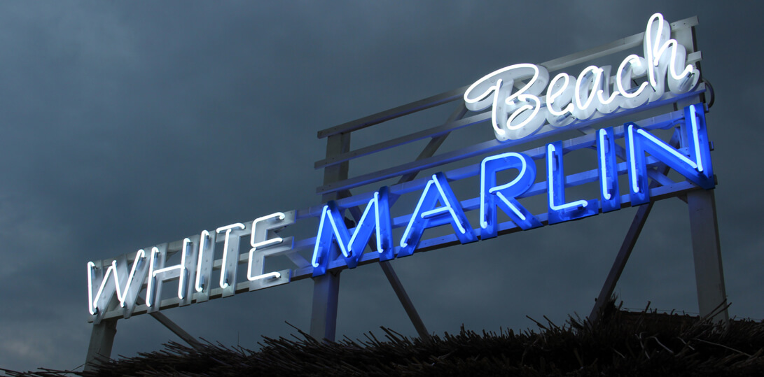 Marlín blanco - White Marlin - Un letrero de neón colocado en un marco, en el techo del edificio