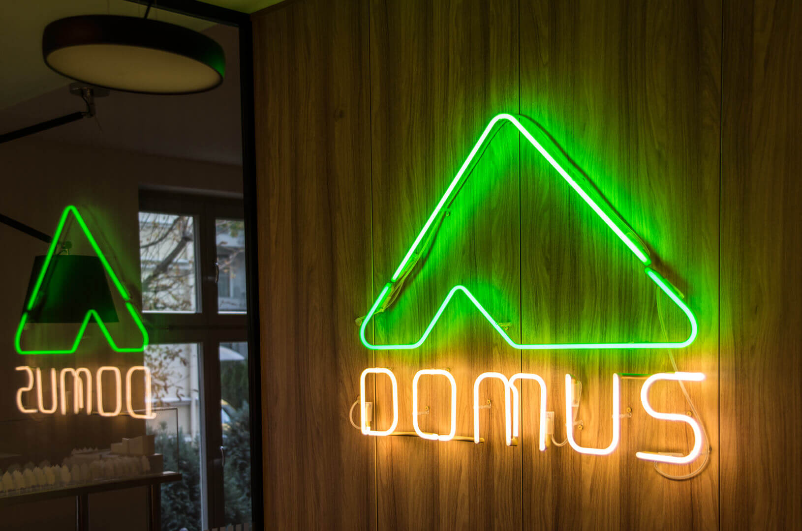 Domus - neon-domus-neon-sublimé-neon-sur-un-mur-de-bois-neon-intérieur-neon-dans-bureau-neon-sur-demand-architectes-argent-vert-couleur-blanc-neon-monté-sur-le-mur-lettre-neon